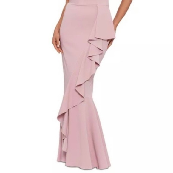 BETSY & ADAM Off-The-Shoulder Cascading Ruffle Mermaid Gown in Rose - Picture 3 of 4